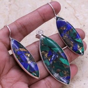Copper Lapis Lazuli & Malachite Pendand & Earrings Set + Free Chain